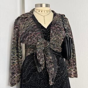 Vintage Shear Floral Embroidery Black Base Color Large Womens Chicos Button Top